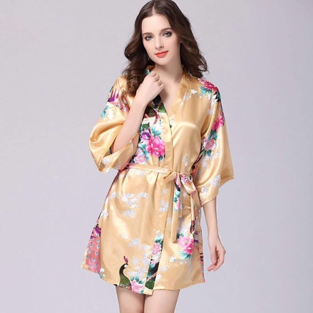 Satin gold peacock floral kimono robe sz S